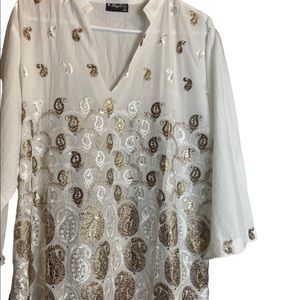 Angli white emboidered Lightweight gold silver metallic tunic shirt Large Summer